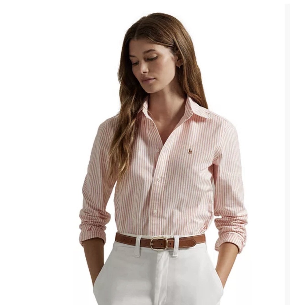 Ralph Lauren Oxford Slim Fit Shirt Women's 4 Orange Striped Cotton Preppy Career